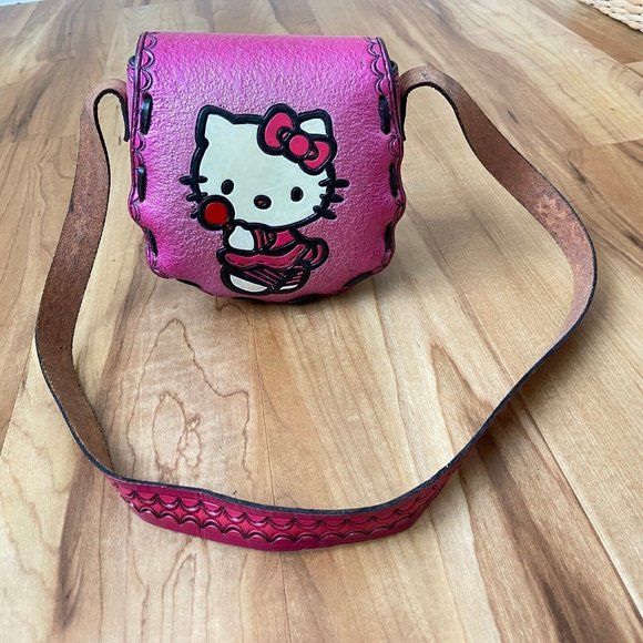 Handmade Hello Kitty Tooled Leather Crossbody Shoulder Bag Hot Pink OOAK - Picture 1 of 9